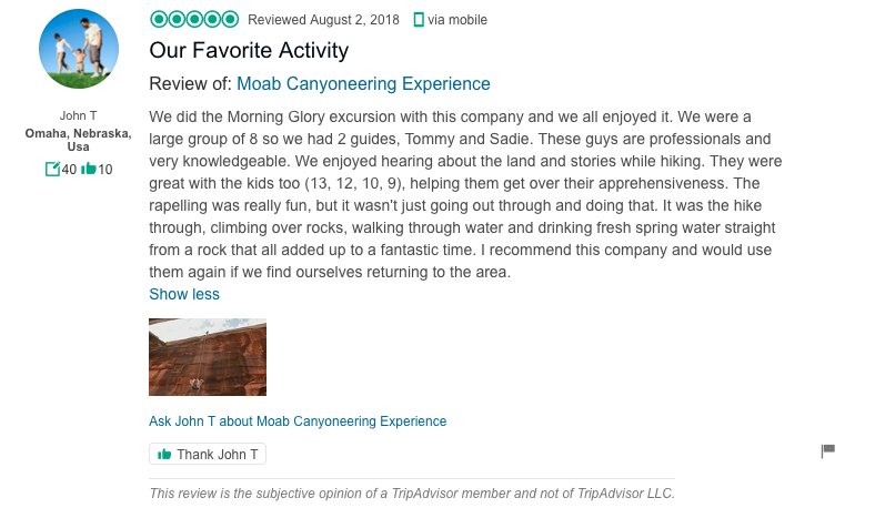 Join Red River Adventures for the best canyoneering in Moab - Guided canyoneering tours in Utah Trip Advisor review - Red River Adventures in Moab Utah